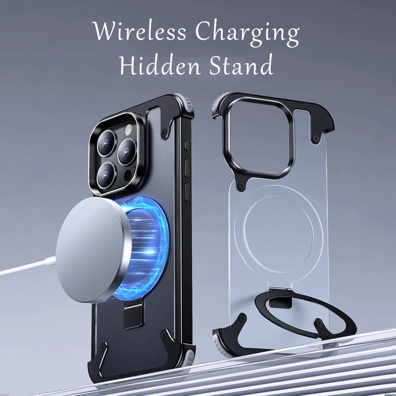Aluminum Alloy Magnetic Stand Rimless Phone Case For iPhone 13 14 15 Pro Max 15Plus Metal Lens Shell  Frosted Matte Back Cover - Caseverse