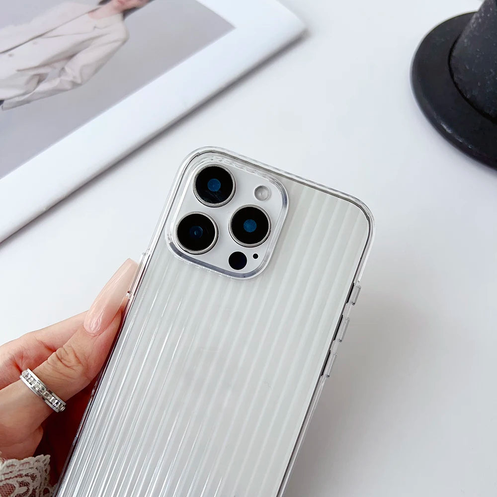 Metal Button Key Vertical Stripe Corrugated Clear Phone Case for IPhone 13 14 15 16 Pro Max Shockproof PC Protective Back Cover