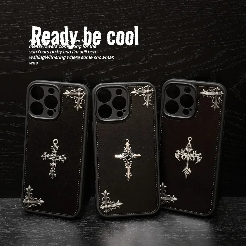 Leather Phone Case for IPhone 16 15 14 13 12 11 Pro Max Luxury Gothic High Grade Fashion Trends 3D Metal Cross Protection Cover