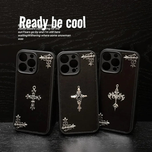 Leather Phone Case for IPhone 16 15 14 13 12 11 Pro Max Luxury Gothic High Grade Fashion Trends 3D Metal Cross Protection Cover