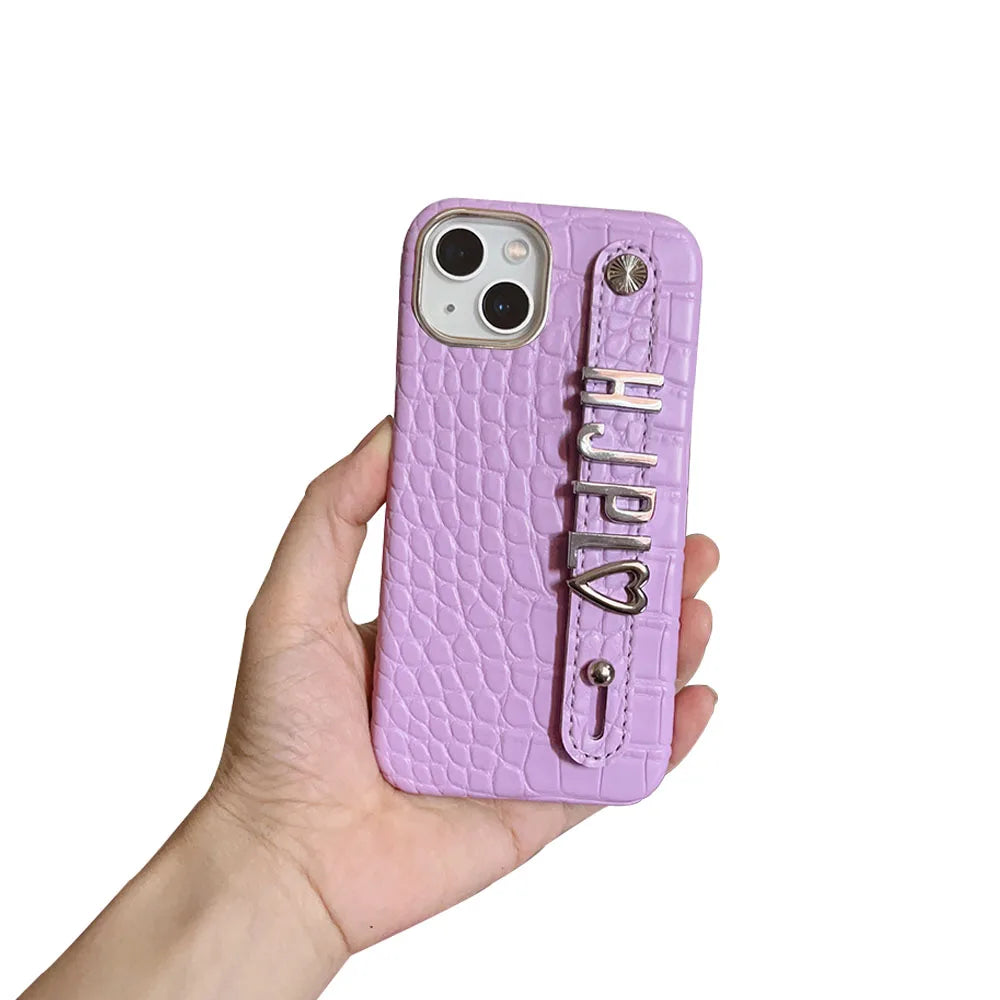 Luxury Custom Personalised Name Silver Metal Letter Charm Leather Phone Cases For Iphone 14 13 12 11 15 Pro Max 16 pro max Cover