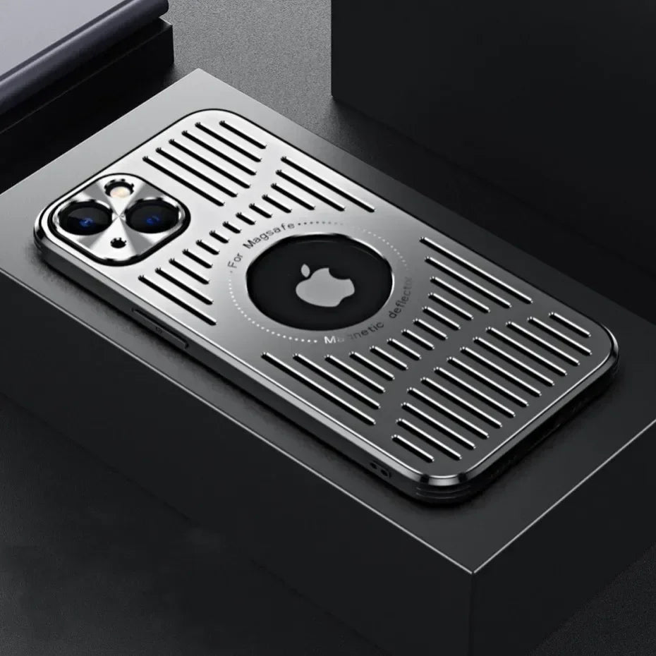 Fashion Metal Heat Dissipation Magnetic Magsafe Case for iPhone 14 16 Pro Max 13 12 15 16 Pro Logo Hole Wireless Charging Cover