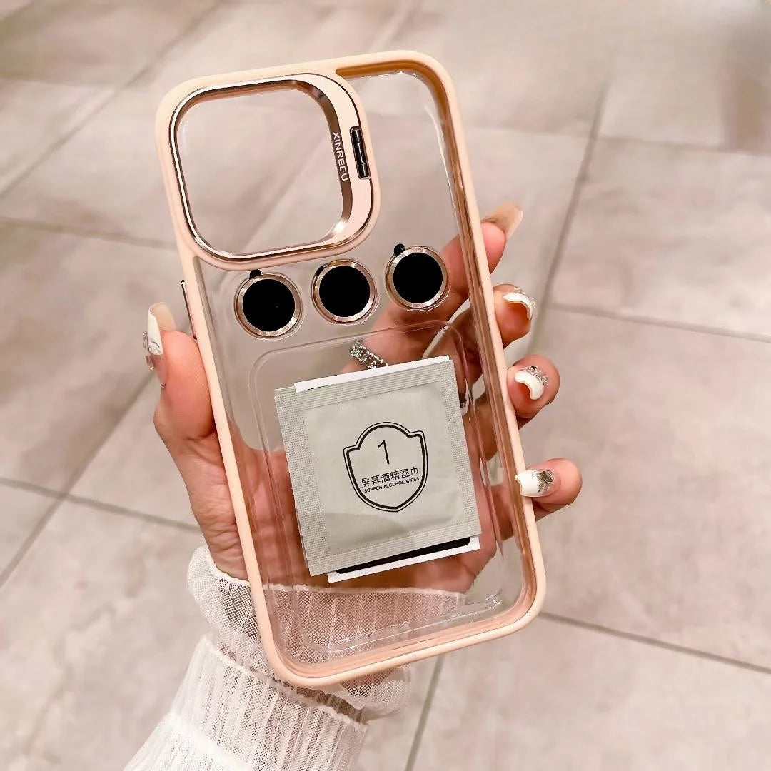 Camera Metal Ring Stand Phone Case For IPhone 15 14 Pro Max 15pro Lens Glass Protection Transparent Phone Cover