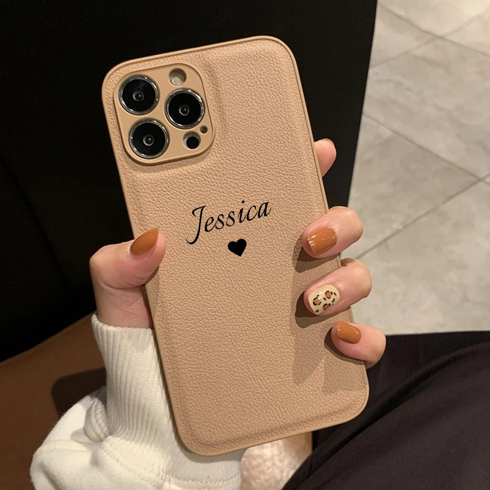 Personalized Customized Name Heart Phone Case for iPhone 16 15 14 13 Pro Max 12 11 X XS XR Design Leather Protective Back Cover - Caseverse