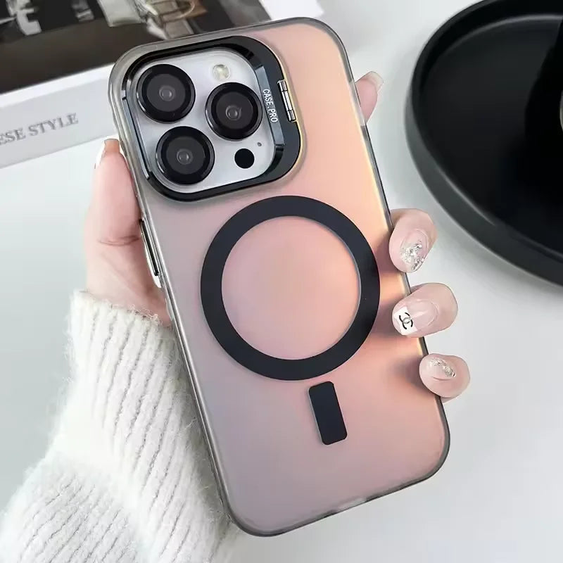 Gradient Metal Lens Holder Magsafe Phone Case for IPhone 16 15 14 Plus 13 12 Pro Max Back Lens Glass Film Matte PC Hard Cover