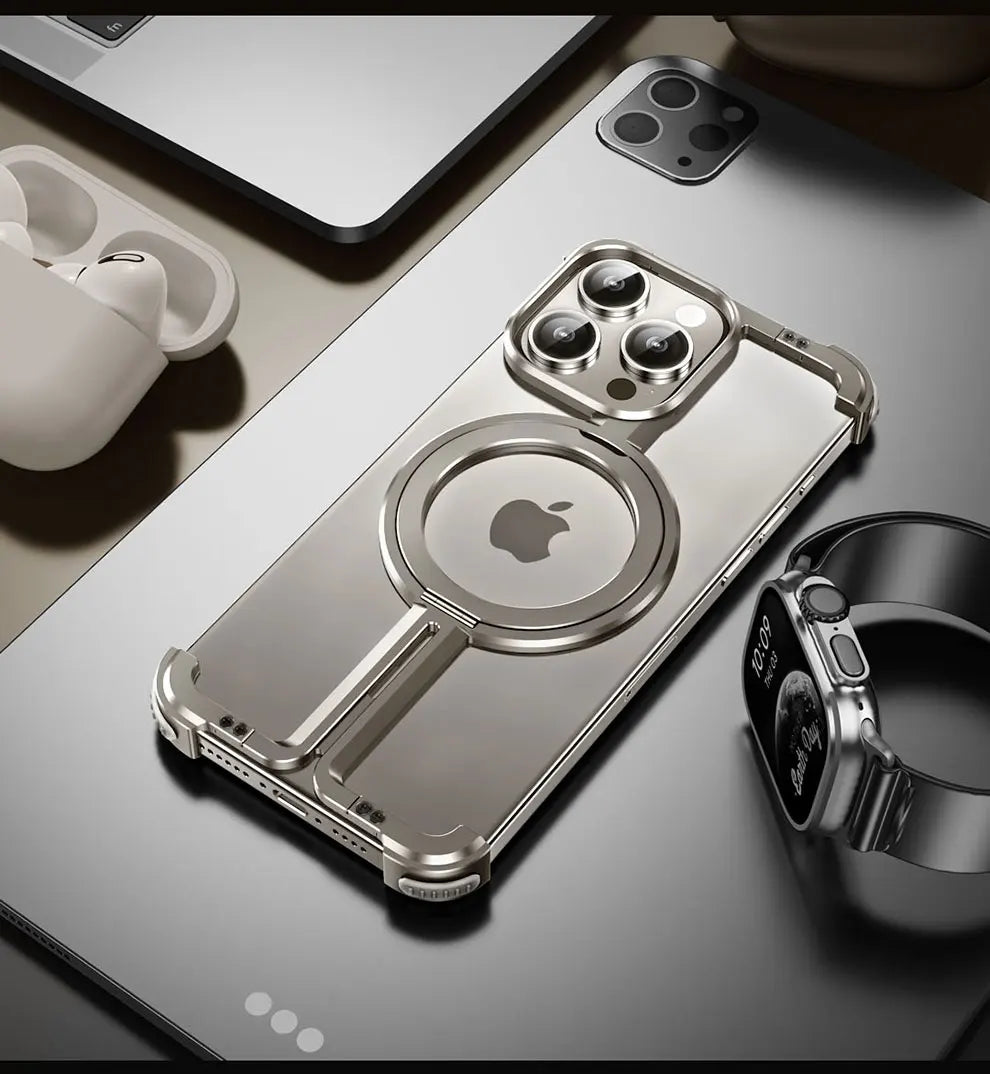 Luxury Magsafe Magnetic Metal Rimless Stand Phone Case For iPhone 16 15 14 13 Pro Max Plus Aluminum Alloy Shockproof Metal Cover