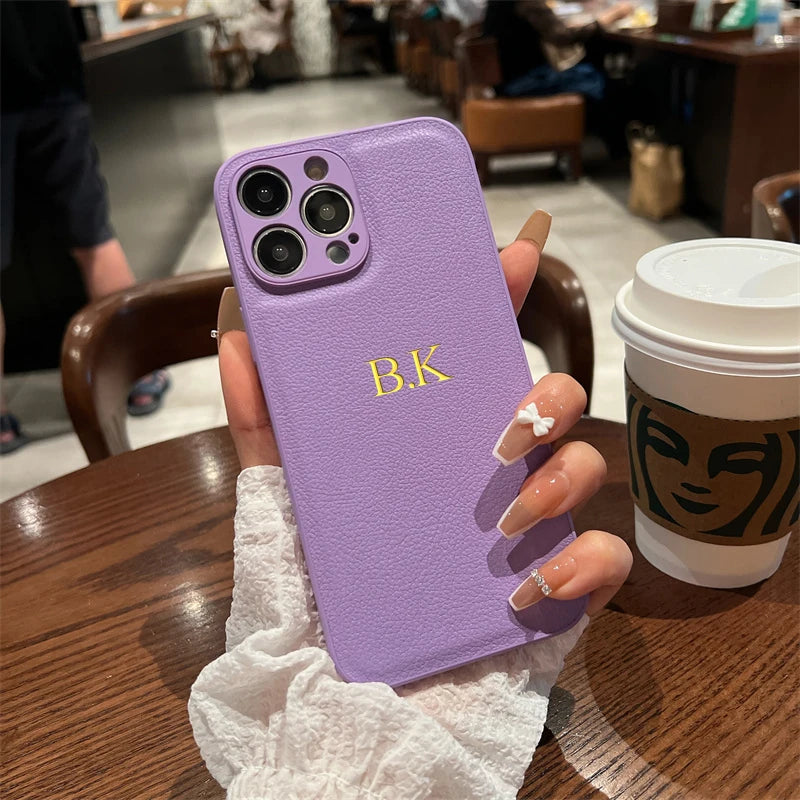 Customized Phone Case For iPhone 16 15 14 13 12 11 Pro Max Plus Personalized Name Initials Letters Luxury Leather DIY Cover 16 - Caseverse