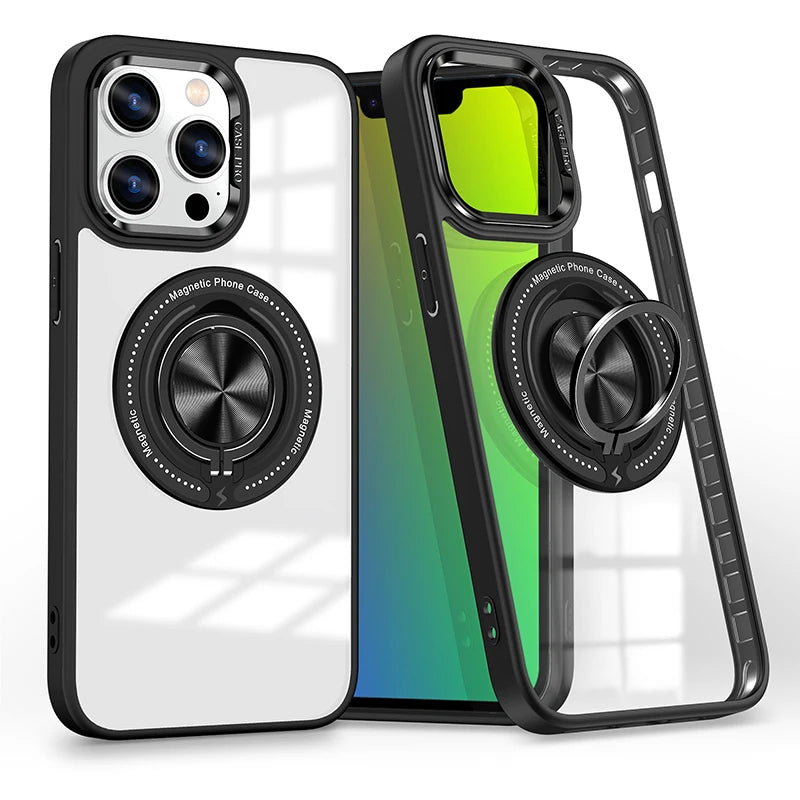 Metal Ring Magnetic Bracket Wireless Charging Phone Case for iPhone 16 15 14 Pro Max