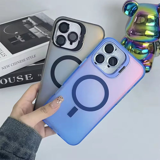 Gradient Metal Lens Holder Magsafe Phone Case for IPhone 16 15 14 Plus 13 12 Pro Max Back Lens Glass Film Matte PC Hard Cover