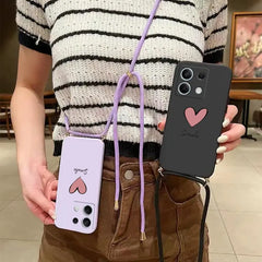 Note13 Big Red Heart Lanyard Silicone Phone Case For Xiaomi Redmi Note 13 13Pro Shatterproof Redmi Note 13ProPlus Back Cover