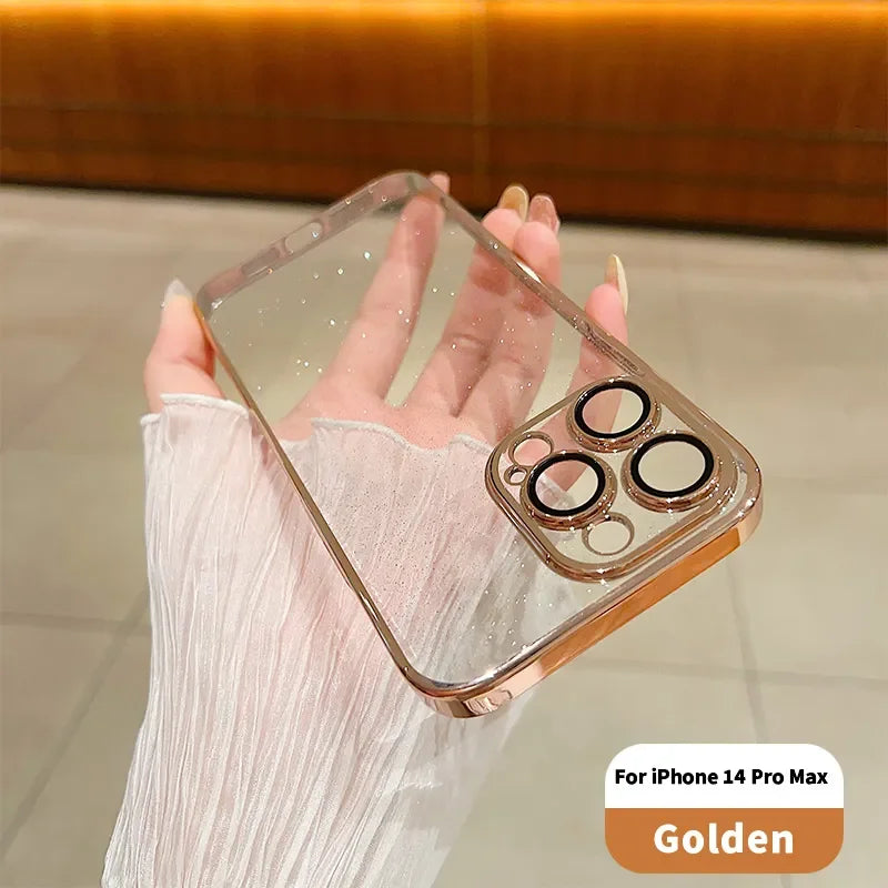 Luxury Electroplated Glitter Phone Case For IPhone 16 15 14 13 12ProMax  Clear Transparent Shockproof Hard Back Protective Cover - Caseverse