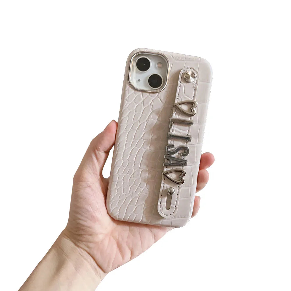Luxury Custom Personalised Name Silver Metal Letter Charm Leather Phone Cases For Iphone 14 13 12 11 15 Pro Max 16 pro max Cover