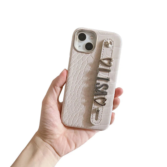 Luxury Custom Personalised Name Silver Metal Letter Charm Leather Phone Cases For Iphone 14 13 12 11 15 Pro Max 16 pro max Cover