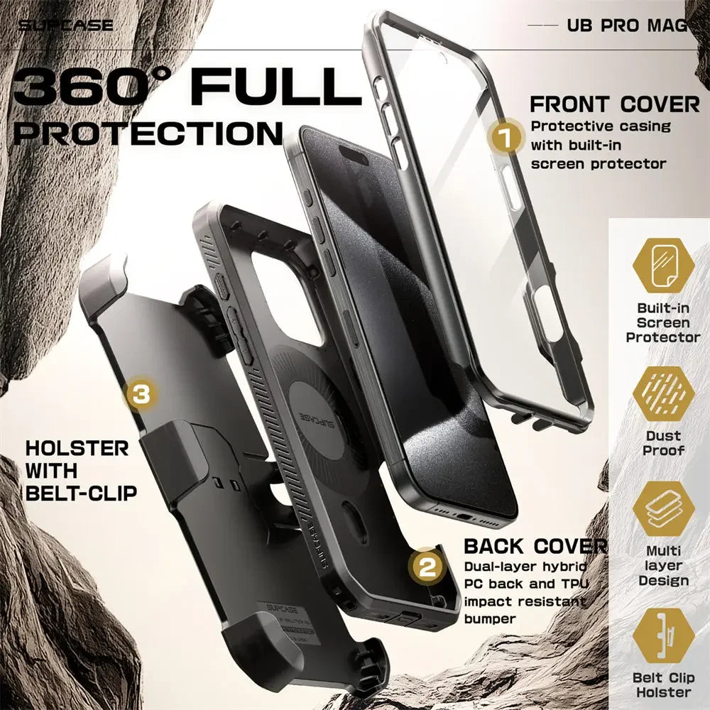 For iPhone 16 Pro Max Case 6.9“ 2024 SUPCASE UB Pro Mag Full Body Rugged Phone Case with Built-in Screen Protector Belt-Clip - Caseverse