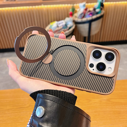 Luxury Soft Rubber Frame Magsafe Phone Case For iPhone 13 15 12 14 16 Pro Max Metal Bracket Carbon Fiber Textured Backplate Case