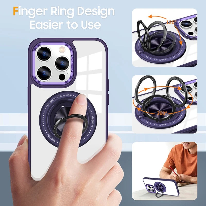 Metal Ring Magnetic Bracket Wireless Charging Phone Case for iPhone 16 15 14 Pro Max