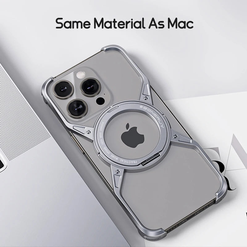 Metal Aluminium Alloy Magnetic Frameless Phone Case For iPhone 14 13 15 Pro Max 360° Stand Rimless Bumper Shockproof Metal Cover