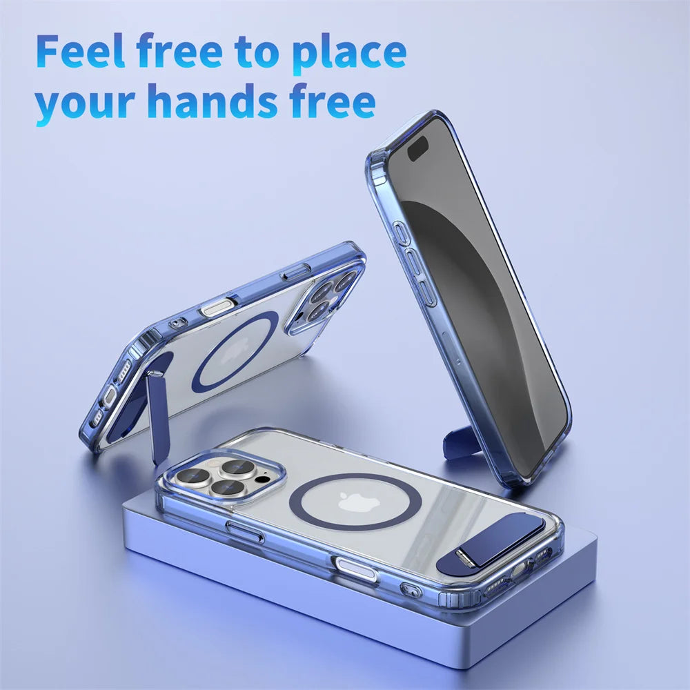 Luxury Metal Stand Clear Magnetic Phone Case For iPhone 16 13 14 15 Pro Max Folding Invisible Bracket Shockproof Protector Cover