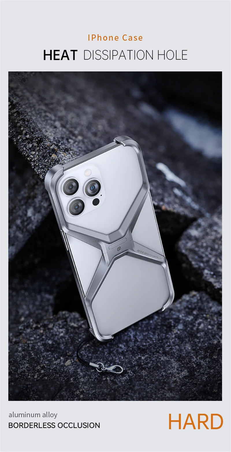 Luxury Aluminum Rimless Phone Case For iPhone 16 15 13 14 Pro Max Metal X Type Removable Heat Dissipation Armor Shockproof Cover