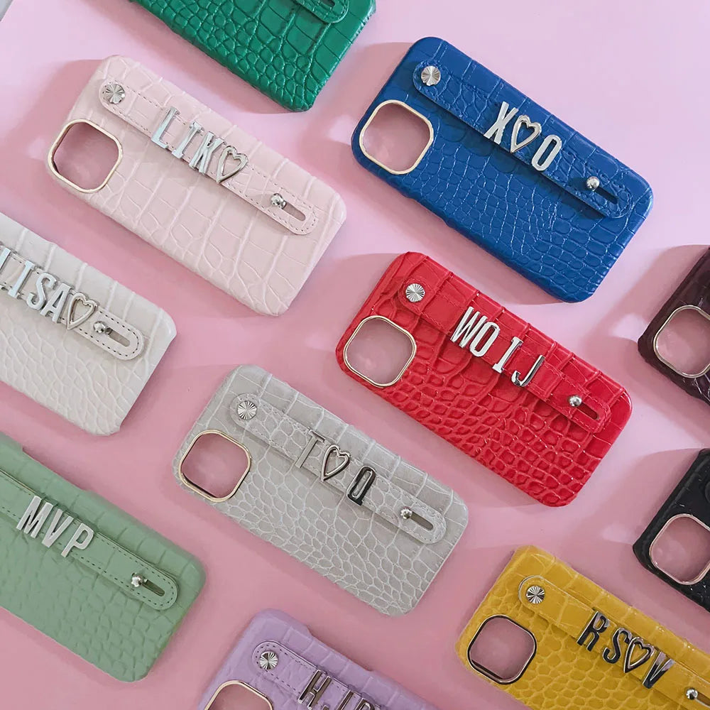 Luxury Custom Personalised Name Silver Metal Letter Charm Leather Phone Cases For Iphone 14 13 12 11 15 Pro Max 16 pro max Cover