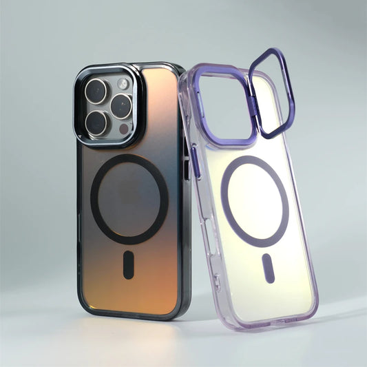 Metal Lens Kickstand Laser MagSafe Phone Case For iPhone 16 16pro max 14 15 Pro 13 12 Magnetic Wireless Charging Hard PC Cover