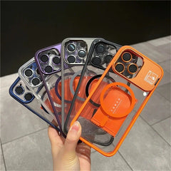 Hot Sale Glitter Metal Magnetic Phone Case with Lens Holder for iPhone 15 16 Pro 14 Plus 13 12 Pro Max 11 With Camera Protection