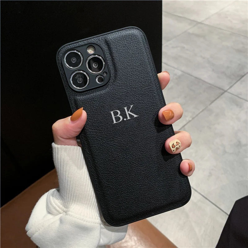 Personalized Case For iPhone 16 15 14 13 12 11 Pro Max Custom Name initials Leather Cover For iPhone 16 Pro Max Silver Letters - Caseverse