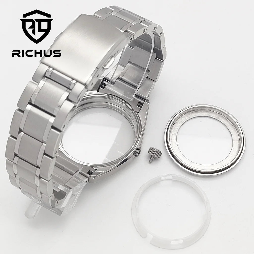 RICHUS NH35 Watch case 40mm silver watch case sapphire glass with strap Fit NH34 NH35 NH36 Movement