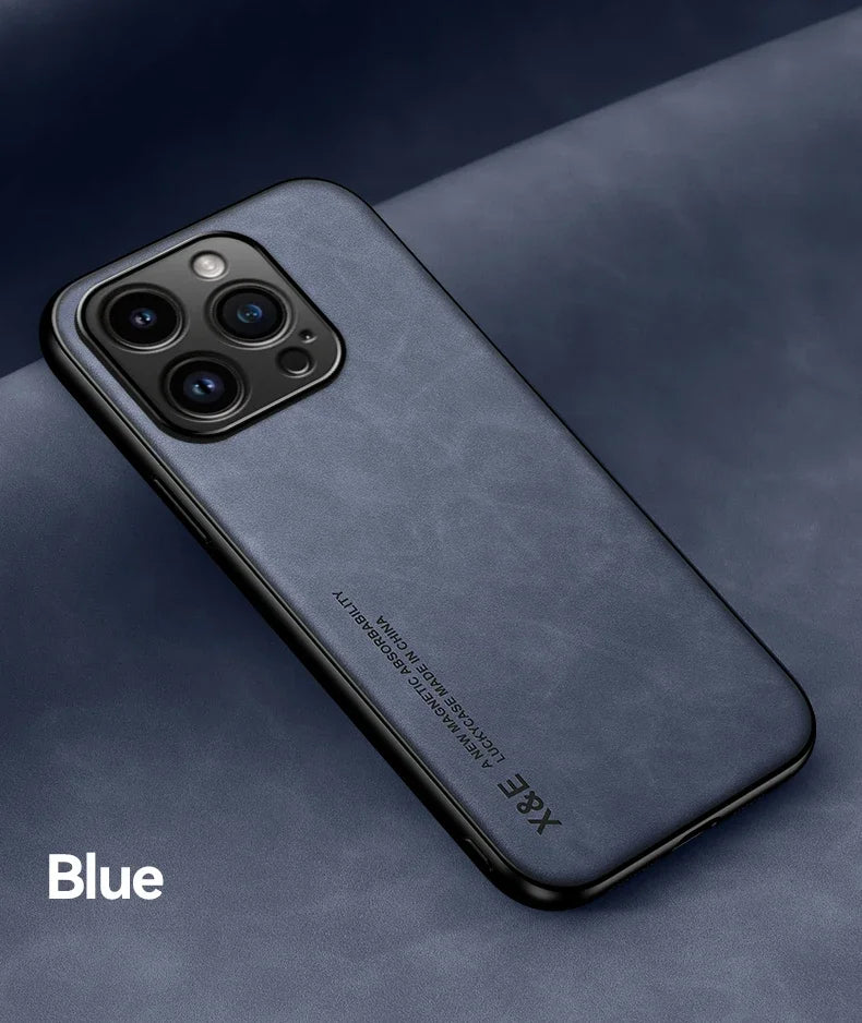 Luxury Leather Case For iPhone 17 16 16e 15 14 13 12 11 Pro Max Plus 12 13 Mini SE 8 7 Cover With Metal Plate Support Car Hold