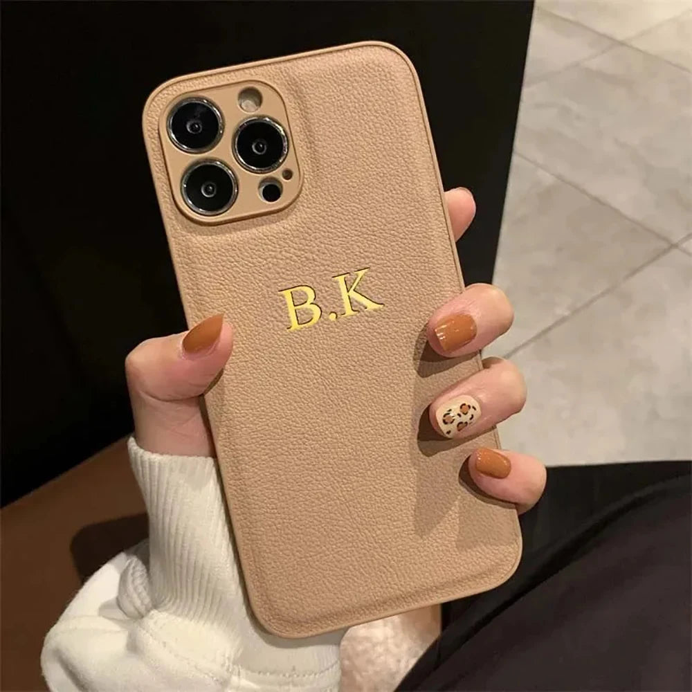Customized Phone Case For iPhone 16 15 14 13 12 11 Pro Max Plus Personalized Name Initials Letters Luxury Leather DIY Cover 16 - Caseverse