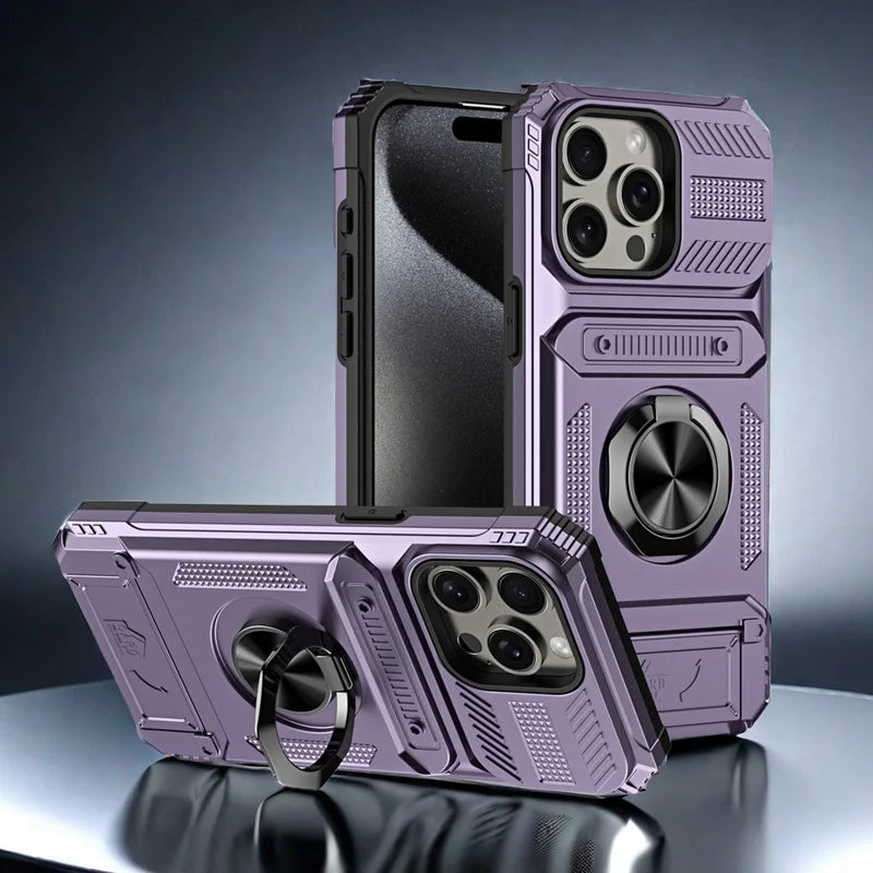 Military level armor card holder ring stand phone case for iPhone 16 15 14 13 Pro Max car phone magnetic shockproof hard cover - Caseverse