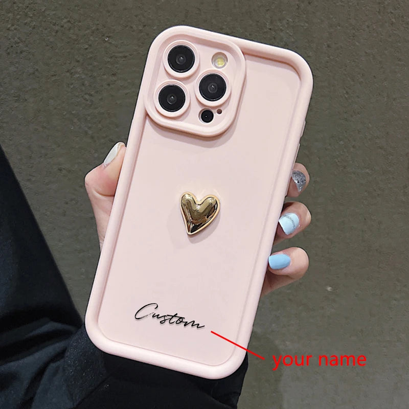3D Gold Love Heart Personalized Custom Name Case For iPhone 16 15 14 13 12 11 Pro Max X XS XR 7 8 Plus Silicone Candy DIY Cover - Caseverse