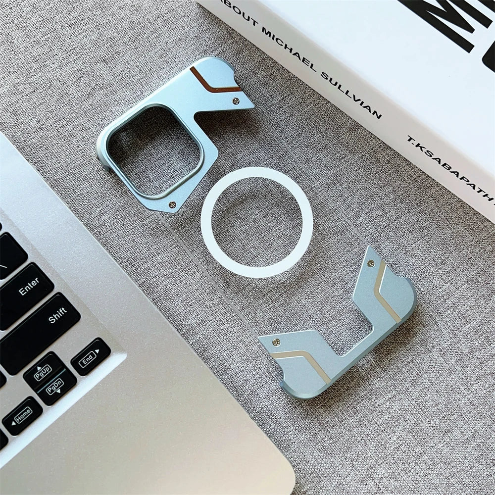 Magnetic Titanium Metal Transparent No Frame Phone Case For iPhone 16 Pro Max 16  Plus For Magsafe Aluminum Bumper Armor Cover