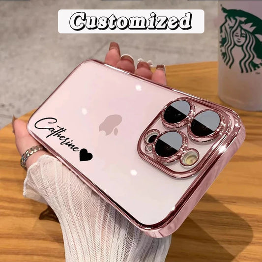 Personalised Customized Name Case For iPhone 16 15 14 13 12 11 Pro Max Luxury Plating Transparent Clear Cover DIY 15 16 Pro Max