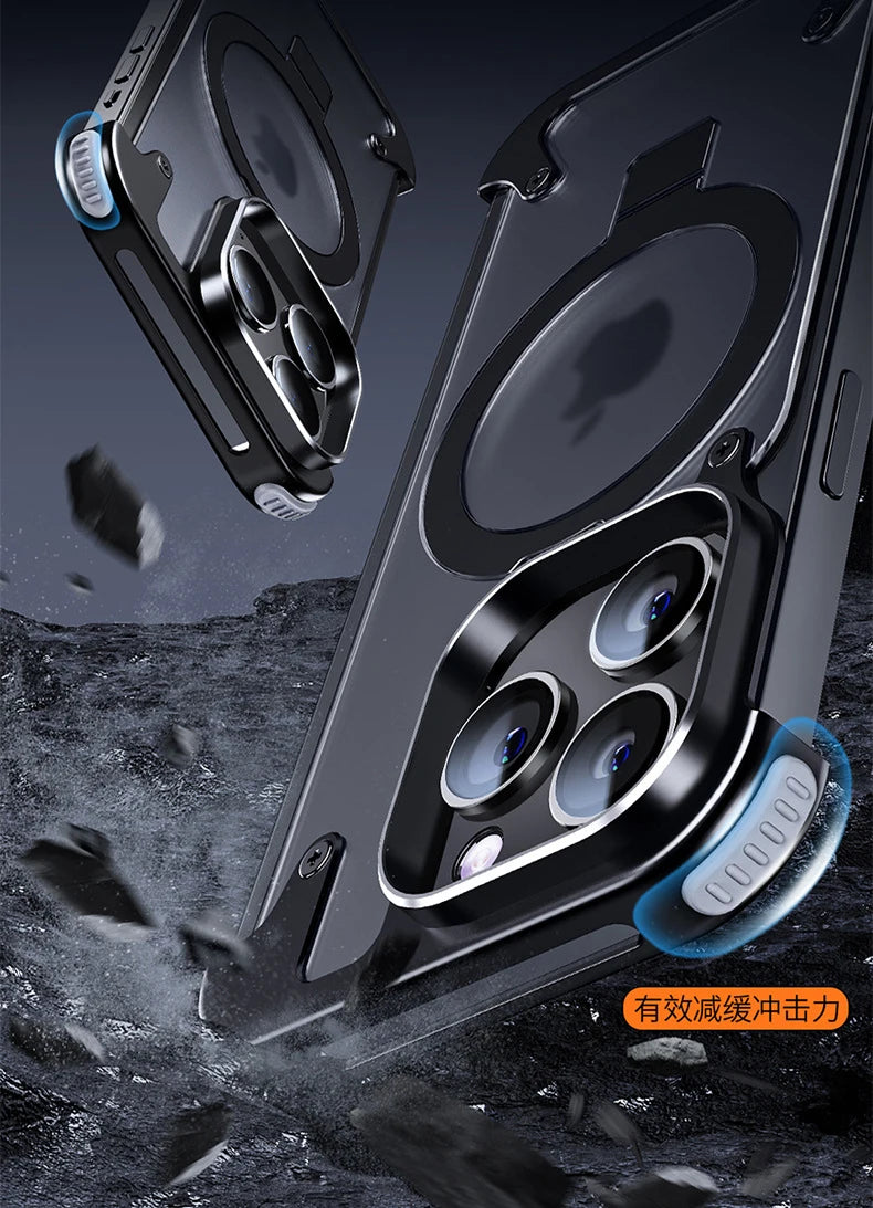 Aluminum Alloy Magnetic Stand Rimless Phone Case For iPhone 13 14 15 Pro Max 15Plus Metal Lens Shell  Frosted Matte Back Cover - Caseverse
