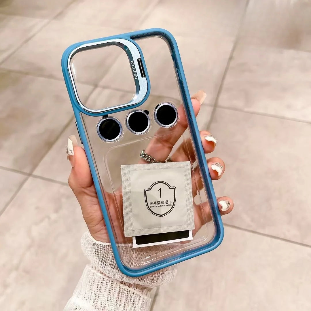 Camera Metal Ring Stand Phone Case For IPhone 15 14 Pro Max 15pro Lens Glass Protection Transparent Phone Cover