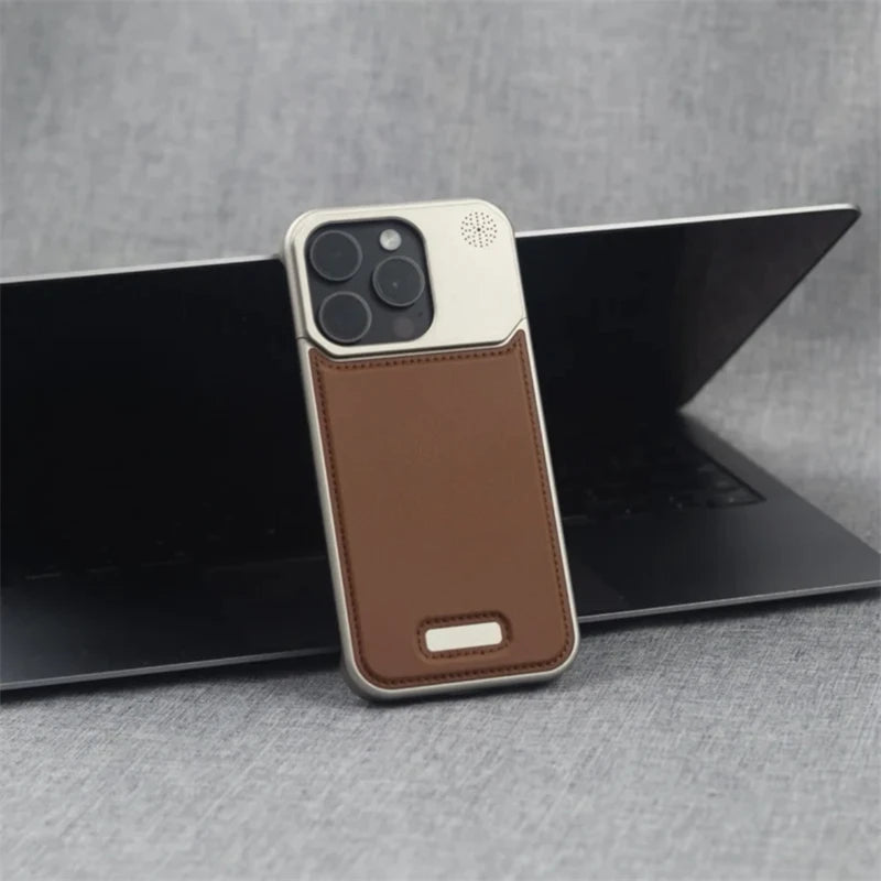 Aluminum Alloy Leather Magnetic Phone Case For iPhone 16 16pro 15 14 Pro Max Wireless Charging Metal Frameless Shockproof Cover