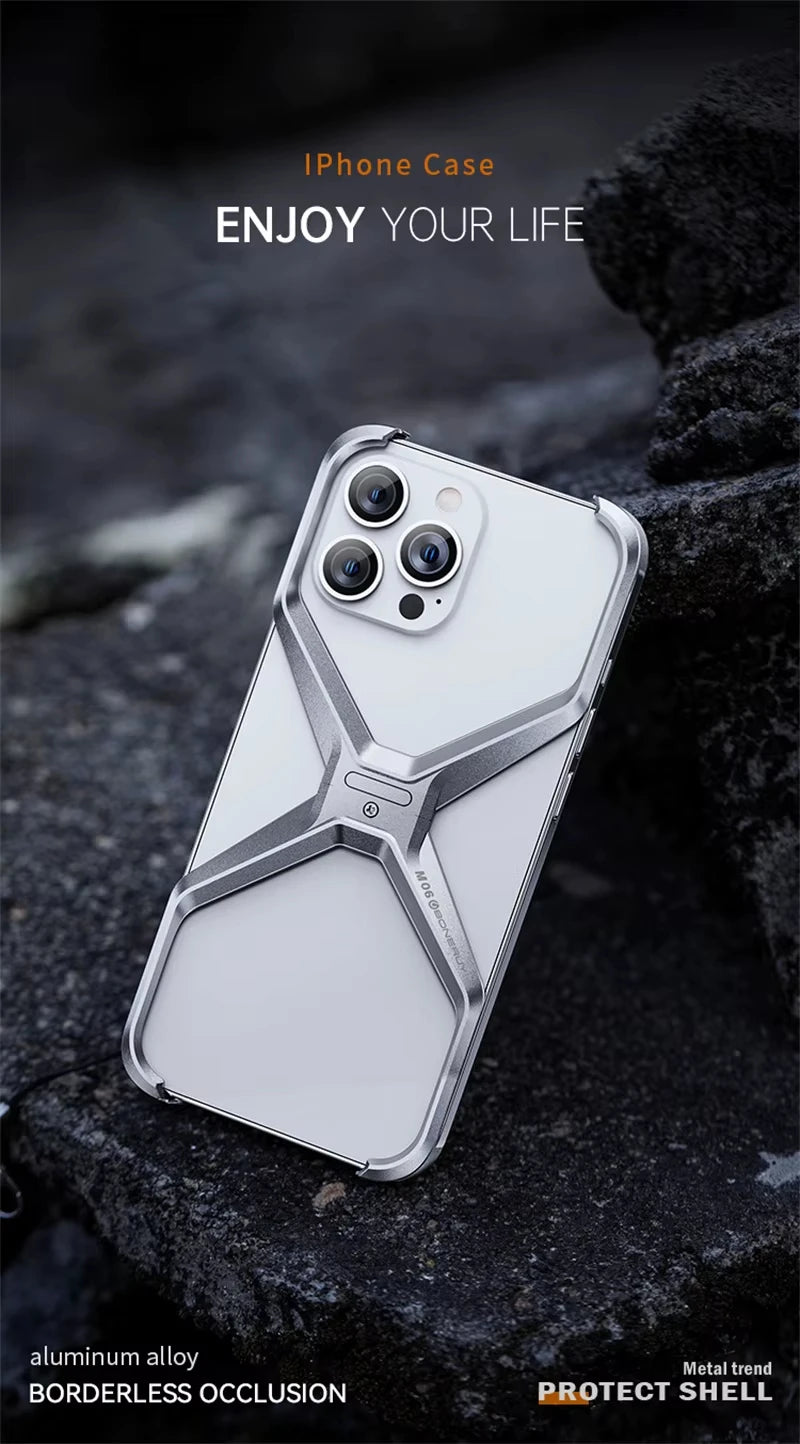 Luxury Aluminum Rimless Phone Case For iPhone 16 15 13 14 Pro Max Metal X Type Removable Heat Dissipation Armor Shockproof Cover