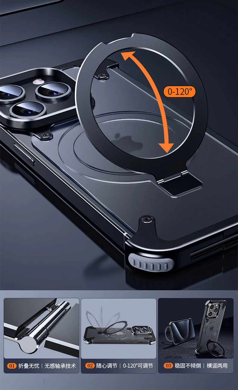 Aluminum Alloy Magnetic Stand Rimless Phone Case For iPhone 13 14 15 Pro Max 15Plus Metal Lens Shell  Frosted Matte Back Cover - Caseverse