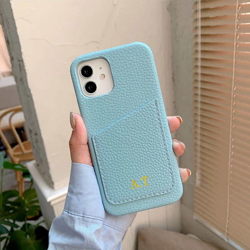 Personalized Phone Case with Card Holder Custom Initials Protective Cover iPhone16Promax 11 12 13 14 15Pro Max XS XR Mini - Caseverse