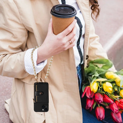 Stylish Mirror Zipper and Pearl Cord Phone Case for IPhone13promax 12mini 11promax 7 Crossbody Fall-proof Faux Leather Cover