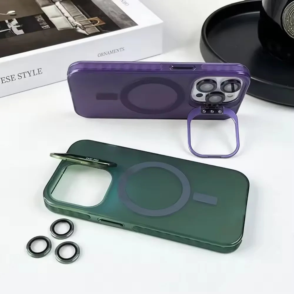 Gradient Metal Lens Holder Magsafe Phone Case for IPhone 16 15 14 Plus 13 12 Pro Max Back Lens Glass Film Matte PC Hard Cover