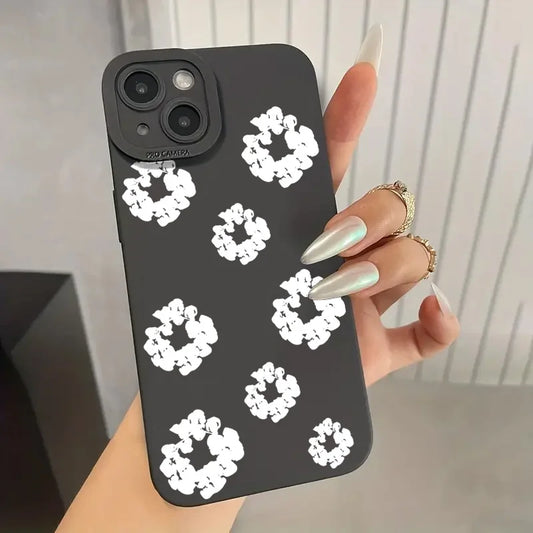 Case For iPhone 16 Cases iPhone 15 11 12 13 14 Pro Max X XS XR 7 8 16E 15 Plus Black Stylish Flower Patterned Design Phone Cover