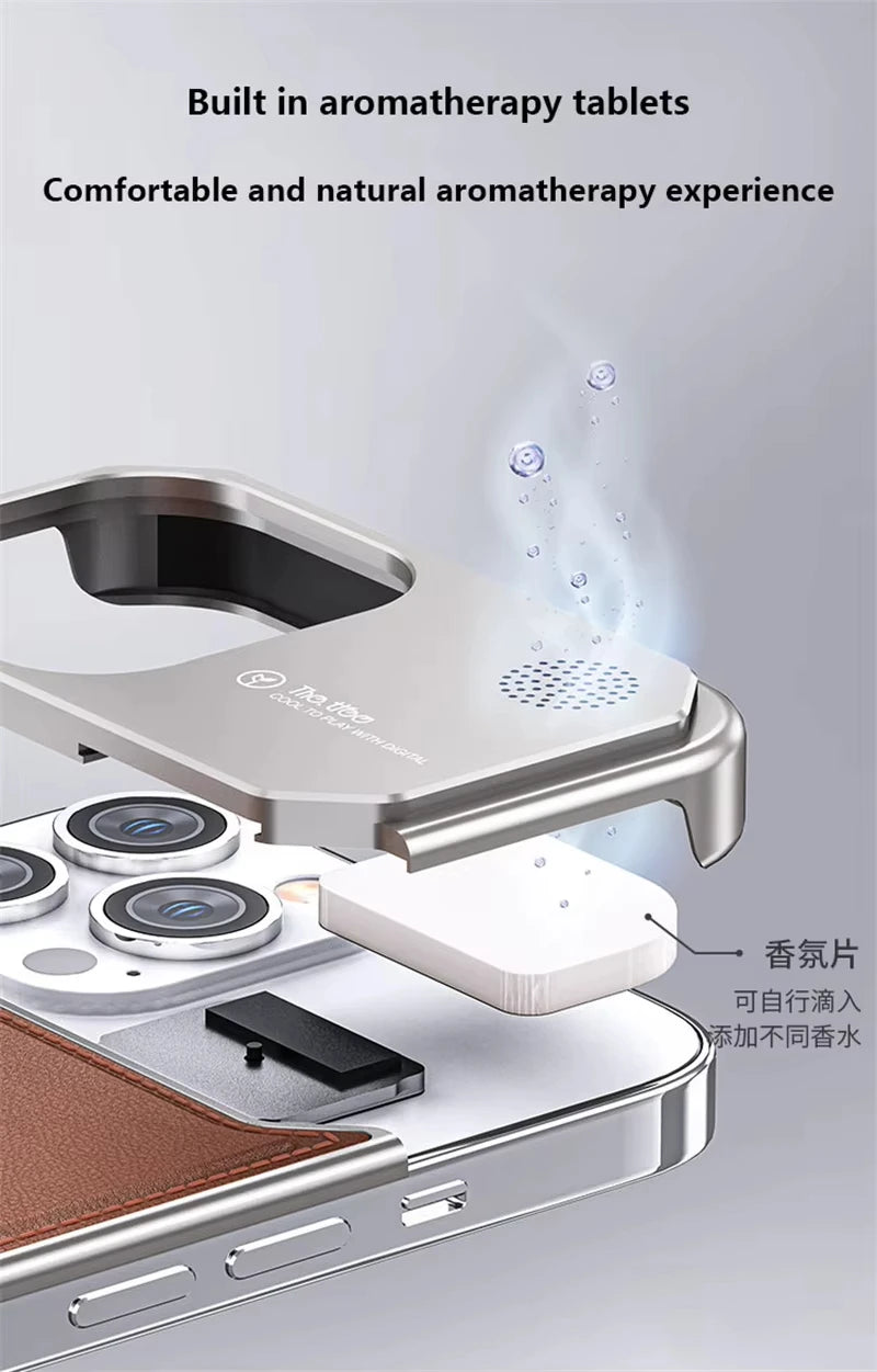 Luxury Leather Metal Integrated Phone Case For IPhone 16 Pro 15 14 13 ProMax Push-Pull Installation With Aromatherapy Back Cover