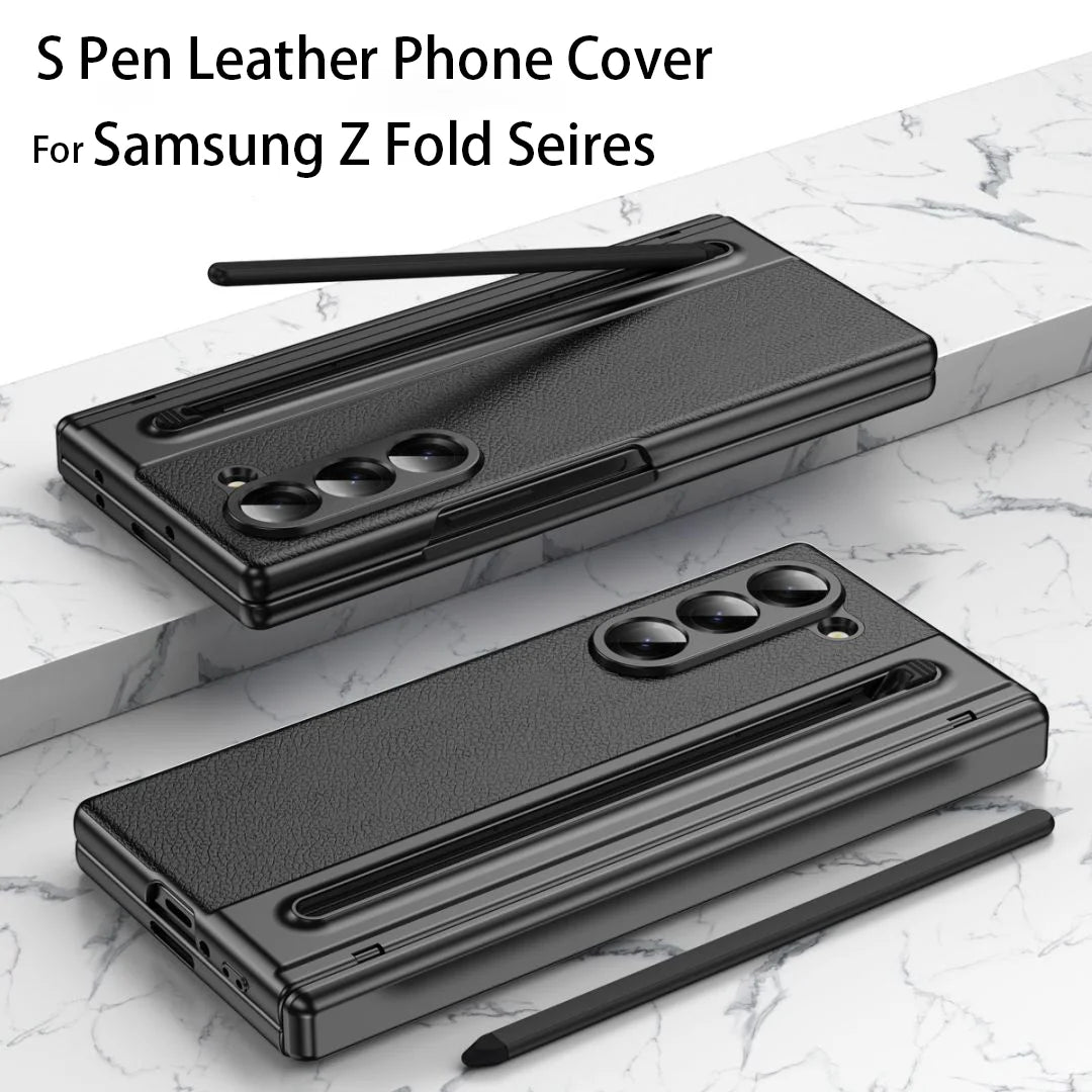 For Galaxy Fold6 S Pen Leather Phone Case Hinge Protection & Built-in Screen Protector Leather Phone Cover for Fold5 Fold4 Black - Caseverse
