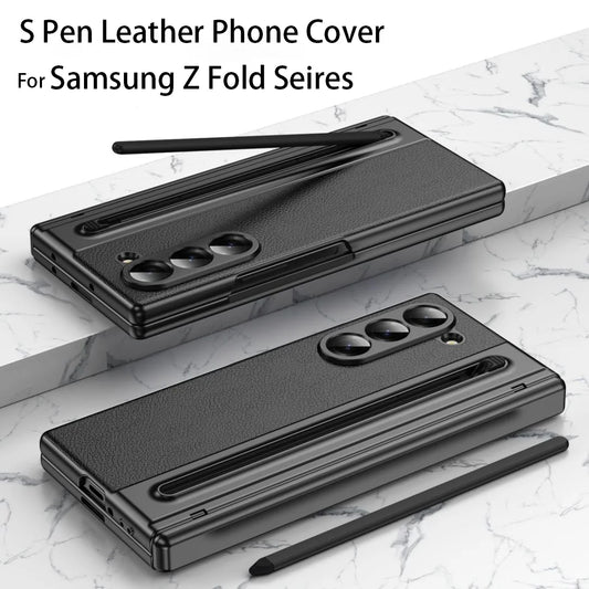 For Galaxy Fold6 S Pen Leather Phone Case Hinge Protection & Built-in Screen Protector Leather Phone Cover for Fold5 Fold4 Black - Caseverse