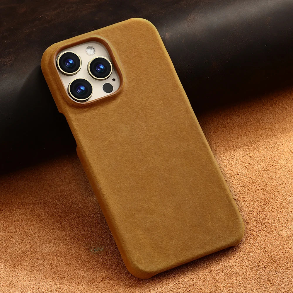 Retro Cowhide Phone Case for iPhone 16 15 13 14 Pro Max 16Pro 14Pro 15Pro Luxury Crazy Horse Genuine PULL-UP Leather Back Cover