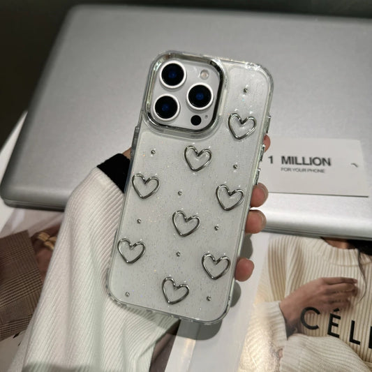 Cute Metal Love Heart Epoxy Glitter Phone Case For iPhone 16 15 14 13 12 11 Pro Max Plus Bling Clear Shockproof Soft Cover