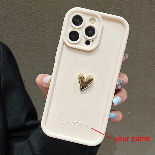 3D Gold Love Heart Personalized Custom Name Case For iPhone 16 15 14 13 12 11 Pro Max X XS XR 7 8 Plus Silicone Candy DIY Cover