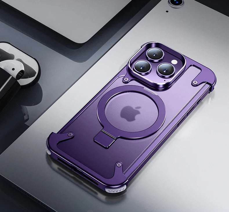 Aluminum Alloy Magnetic Stand Rimless Phone Case For iPhone 13 14 15 Pro Max 15Plus Metal Lens Shell  Frosted Matte Back Cover - Caseverse